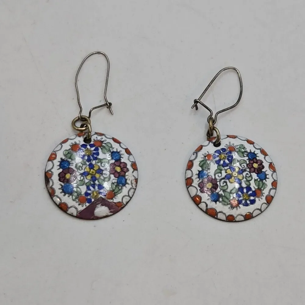 Vintage Austrian Earings Enameled On Copper Flowers Dangle Folk Art